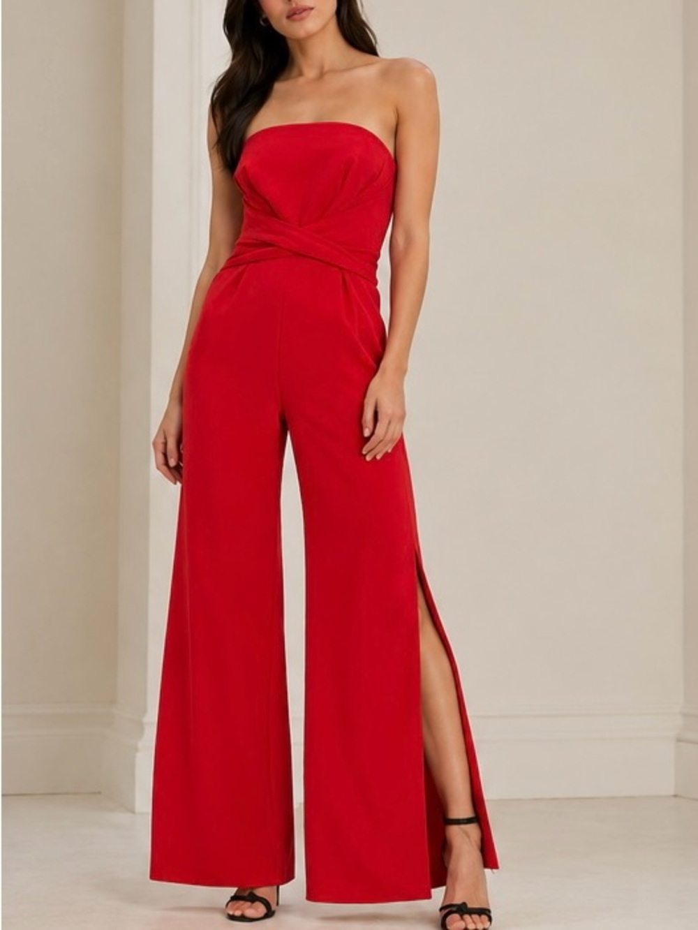 Jonathan Simkhai Strapless Red Wide-Leg Jumpsuit with Side Slits